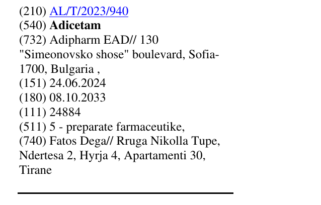 Zëri i markës Adicetam në buletin
