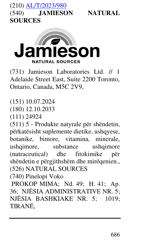 Zëri i markës JAMIESON NATURAL SOURCES në buletin