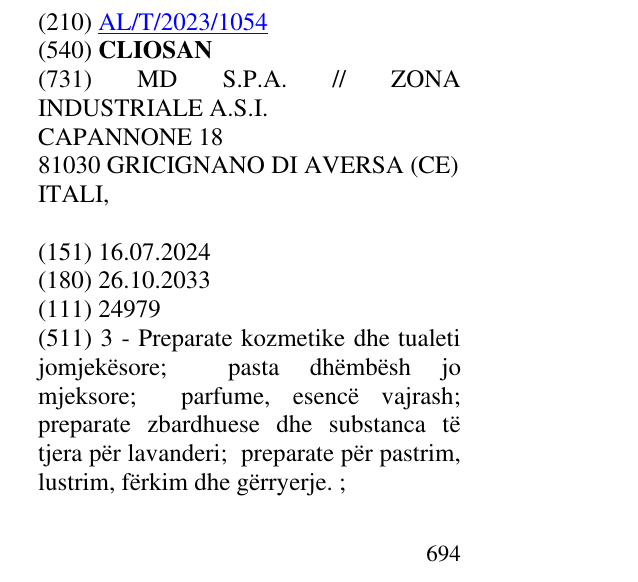 Zëri i markës CLIOSAN në buletin