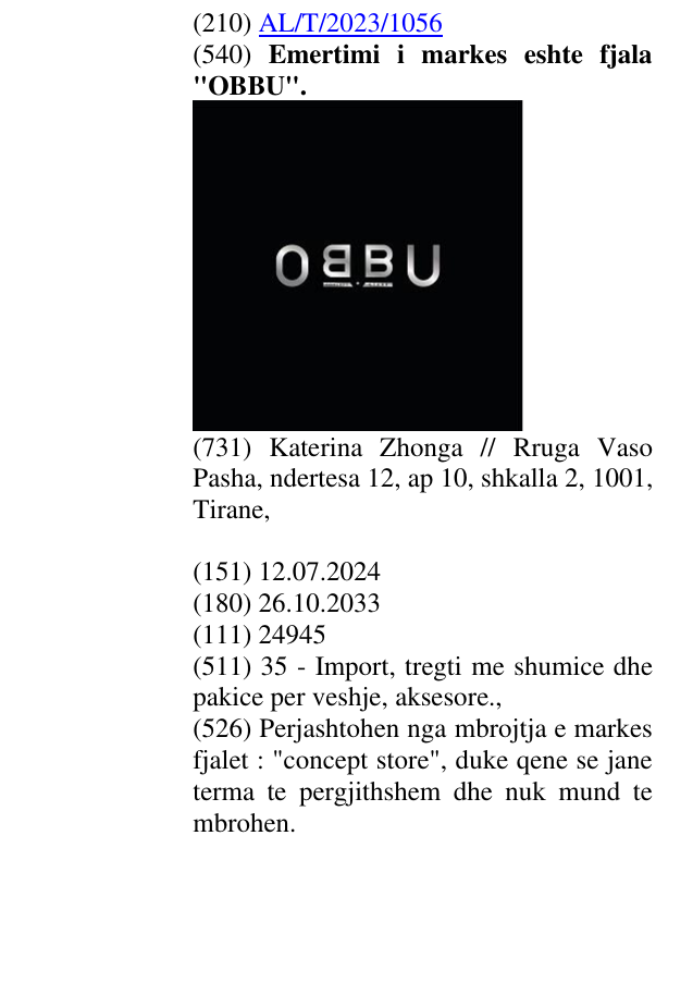 Zëri i markës Emertimi i markes eshte fjala "OBBU". në buletin