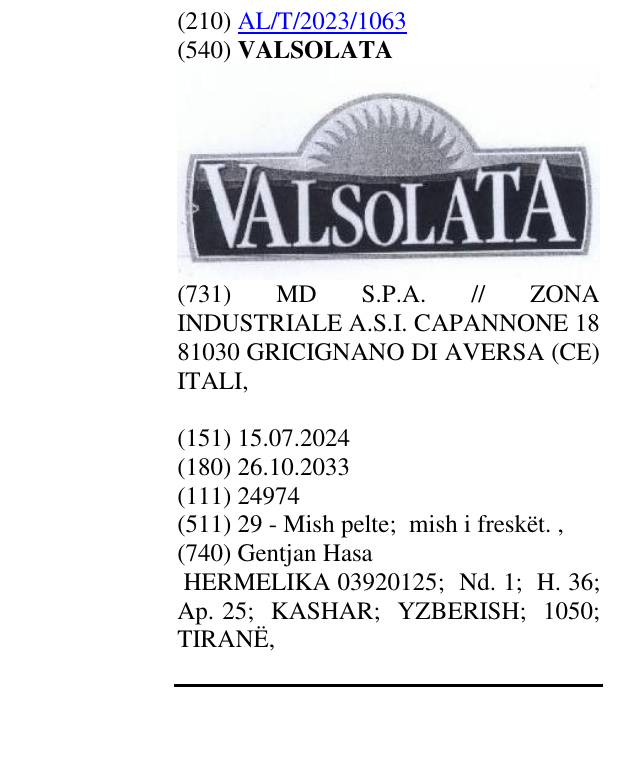 Zëri i markës VALSOLATA në buletin