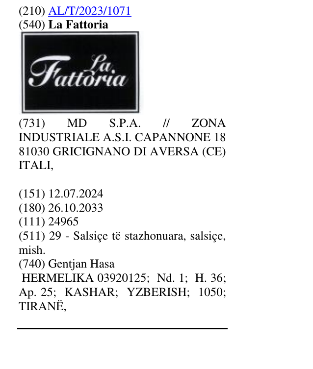 Zëri i markës La Fattoria në buletin