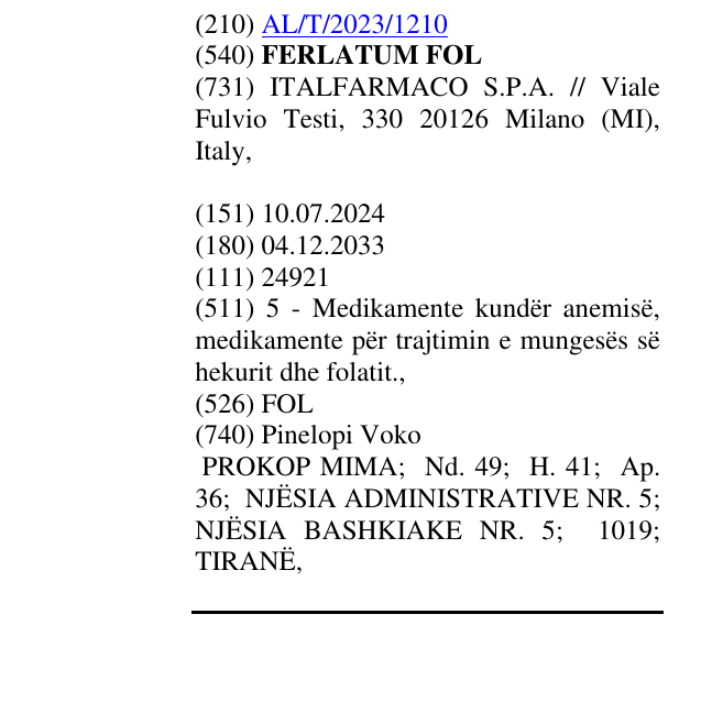 Zëri i markës FERLATUM FOL në buletin