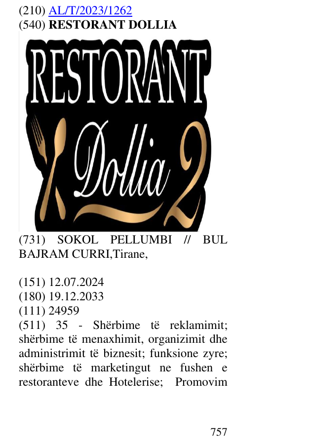 Zëri i markës RESTORANT DOLLIA në buletin