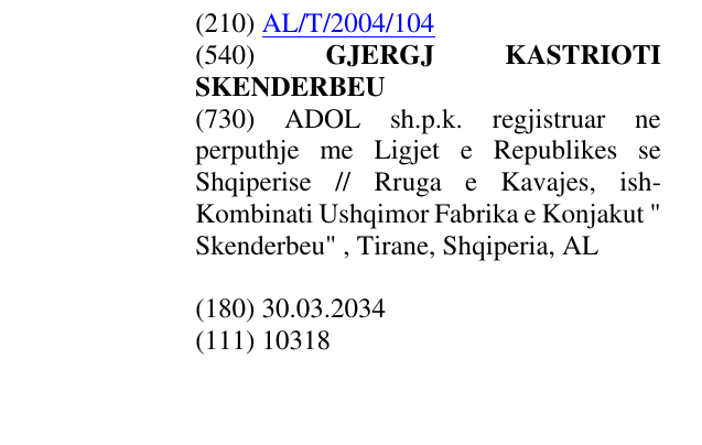 Zëri i markës GJERGJ KASTRIOTI SKENDERBEU në buletin