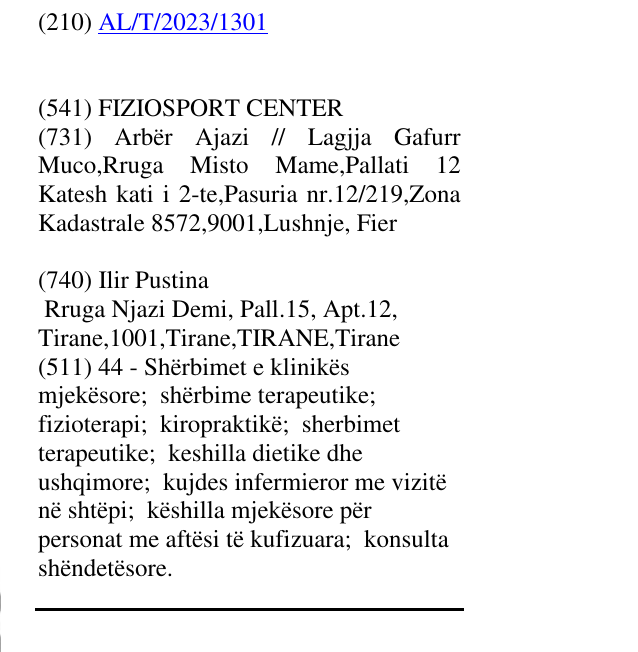 Zëri i markës FIZIOSPORT CENTER në buletin