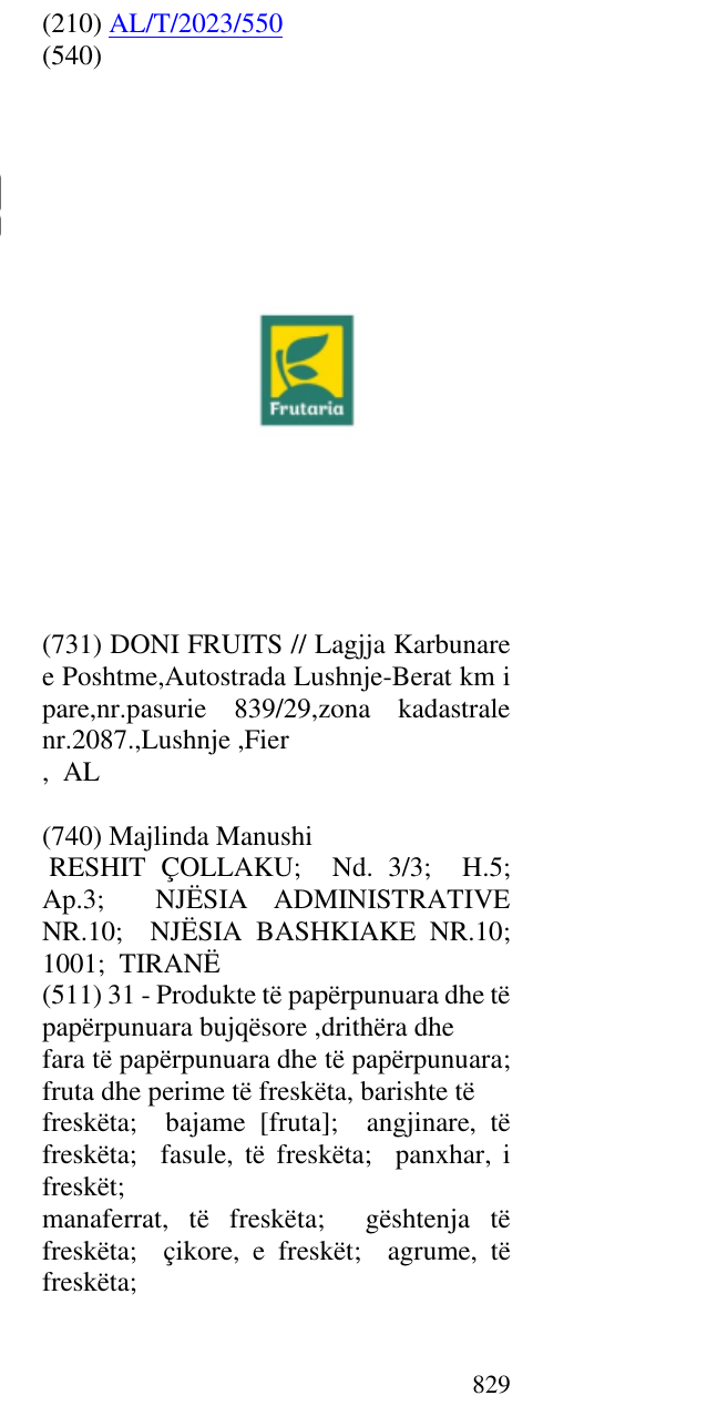 Zëri i markës Frutaria në buletin
