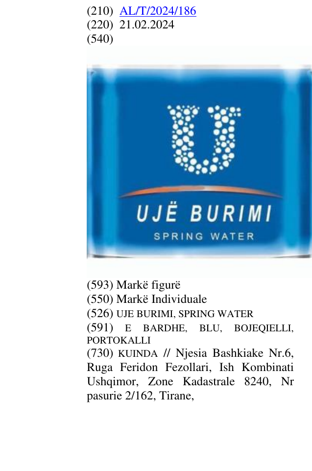 Zëri i markës UJE BURIMI, SPRING WATER në buletin