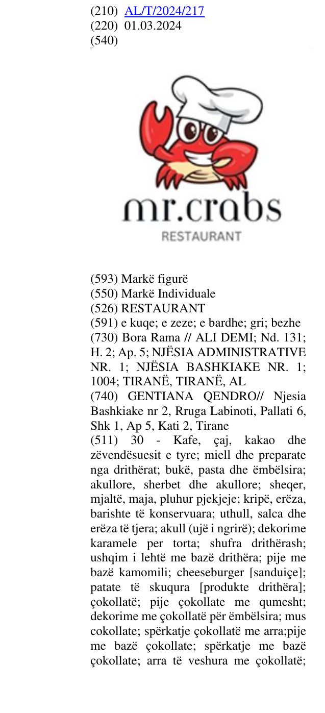 Zëri i markës RESTAURANT në buletin