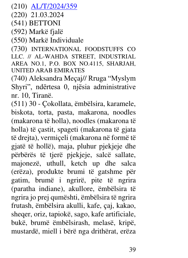 Zëri i markës BETTONI në buletin