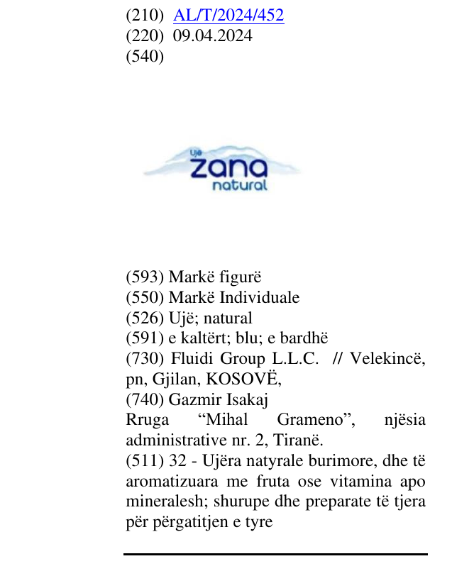 Zëri i markës Ujë; natural në buletin
