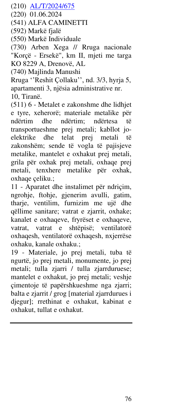 Zëri i markës ALFA CAMINETTI në buletin