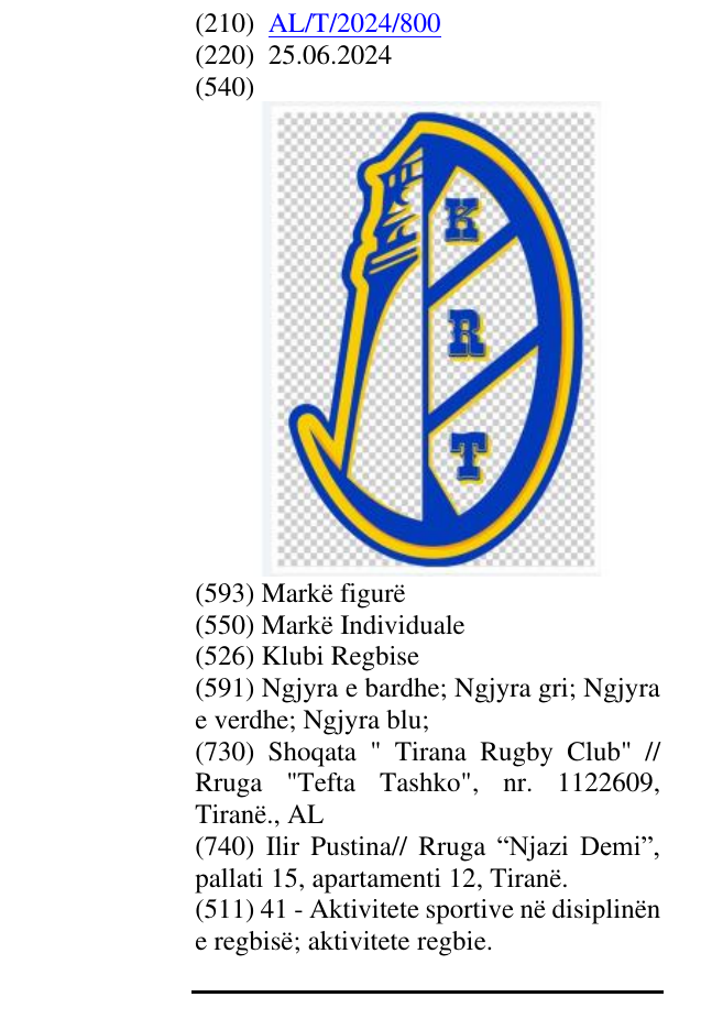 Zëri i markës Klubi Regbise në buletin