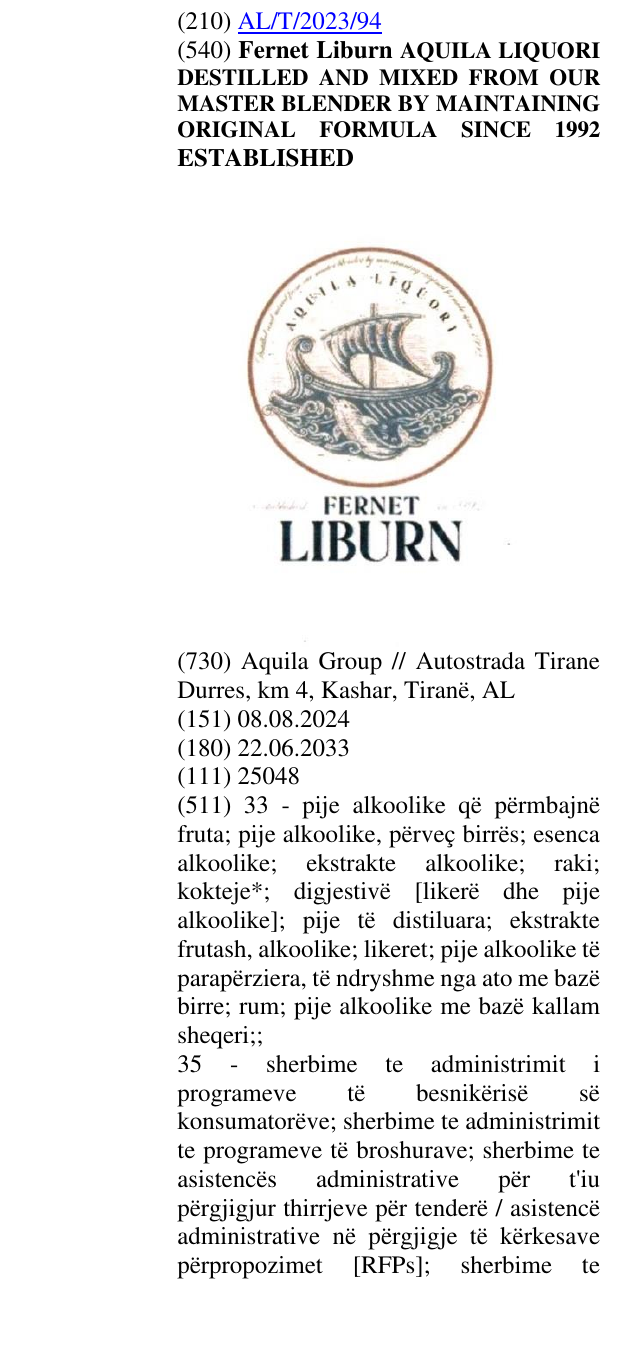 Zëri i markës Fernet Liburn AQUILA LIQUORI DESTILLED AND MIXED FROM OUR MASTER BLENDER BY MAINTAINING ORIGINAL FORMULA SINCE 1992 ESTABLISHED në buletin