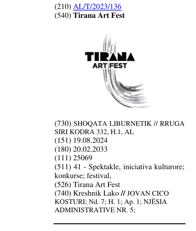 Zëri i markës Tirana Art Fest në buletin