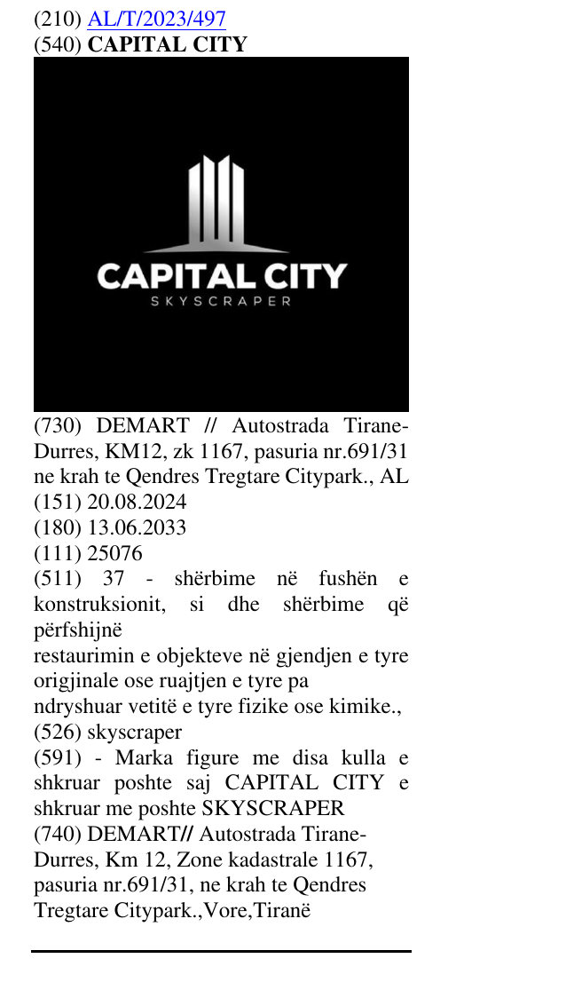 Zëri i markës CAPITAL CITY në buletin