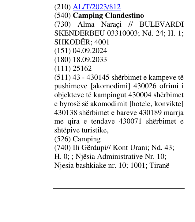 Zëri i markës Camping Clandestino në buletin