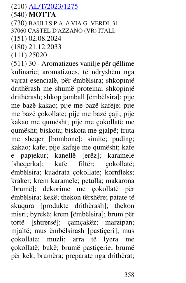 Zëri i markës MOTTA në buletin