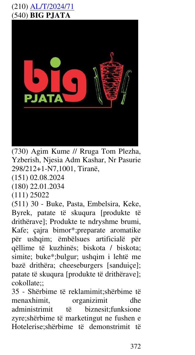 Zëri i markës BIG PJATA në buletin