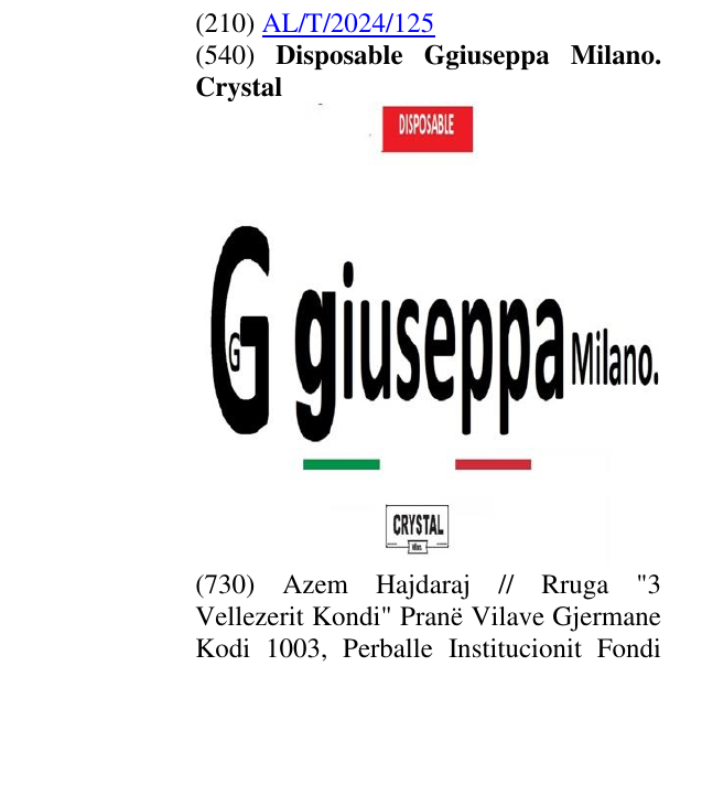 Zëri i markës Disposable Ggiuseppa Milano. Crystal në buletin