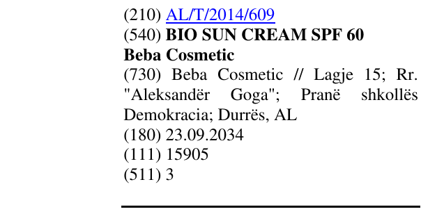 Zëri i markës BIO SUN CREAM SPF 60 Beba Cosmetic në buletin
