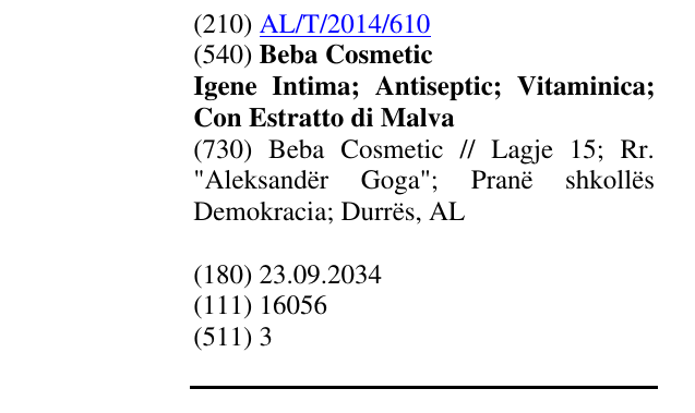 Zëri i markës Beba Cosmetic Igene Intima; Antiseptic; Vitaminica; Con Estratto di Malva në buletin