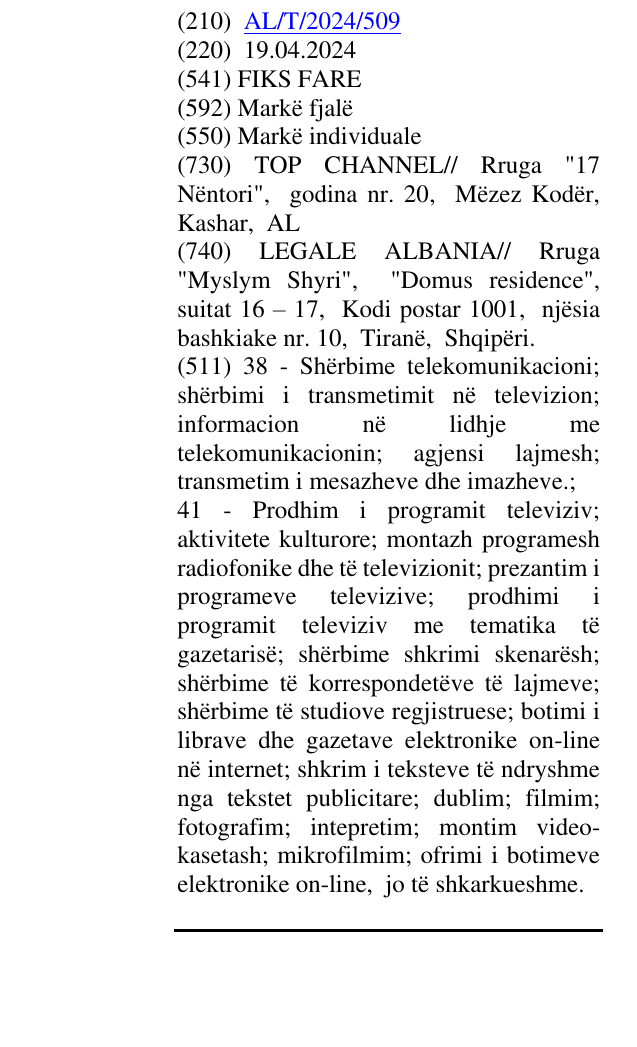 Zëri i markës FIKS FARE në buletin