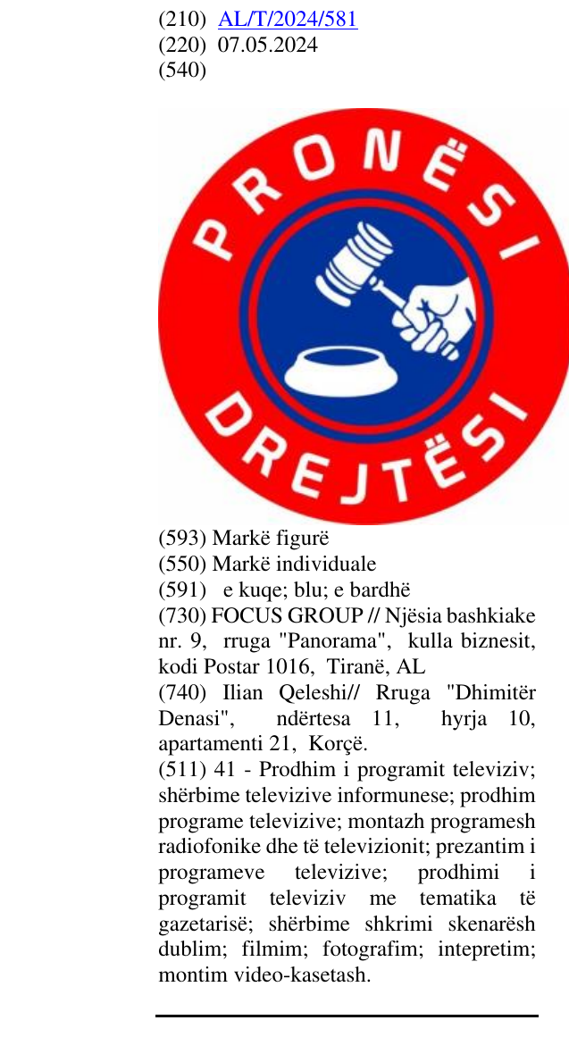 Zëri i markës PRONËSI DHE DREJTËSI në buletin