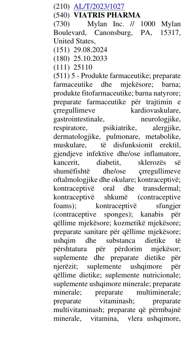 Zëri i markës VIATRIS PHARMA në buletin