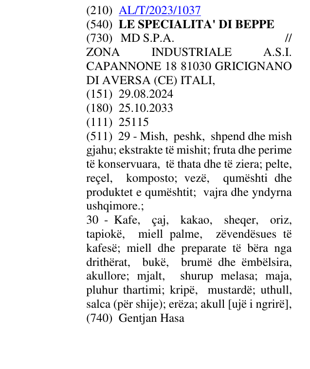 Zëri i markës LE SPECIALITA' DI BEPPE në buletin