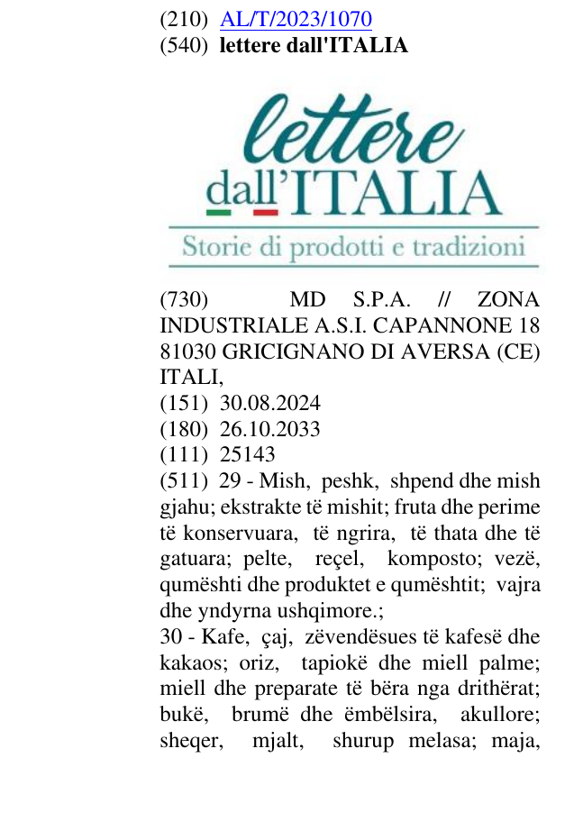 Zëri i markës lettere dall'ITALIA në buletin