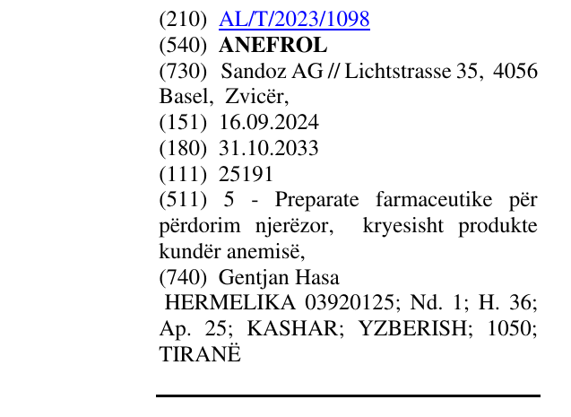 Zëri i markës ANEFROL në buletin