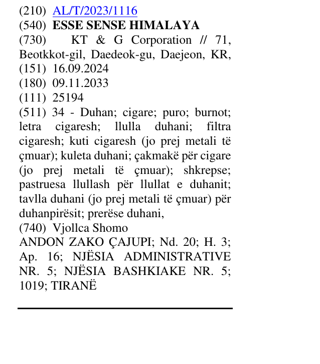 Zëri i markës ESSE SENSE HIMALAYA në buletin