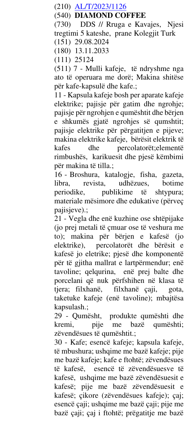 Zëri i markës DIAMOND COFFEE në buletin