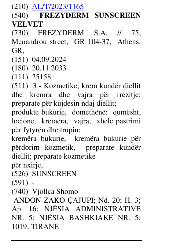 Zëri i markës FREZYDERM SUNSCREEN VELVET në buletin