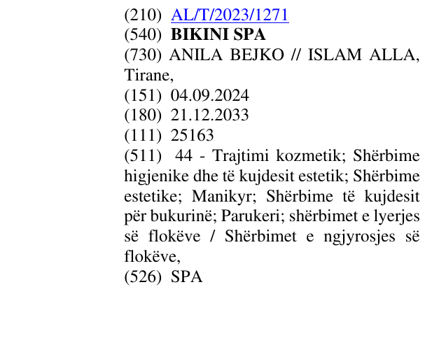 Zëri i markës BIKINI SPA në buletin