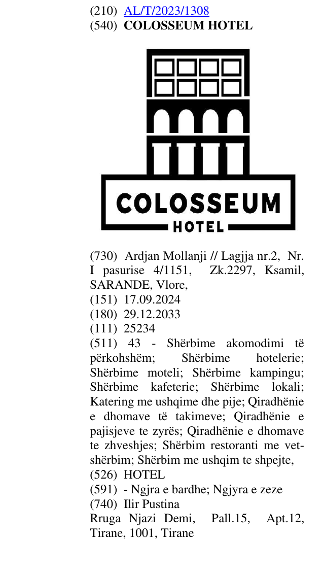 Zëri i markës COLOSSEUM HOTEL në buletin