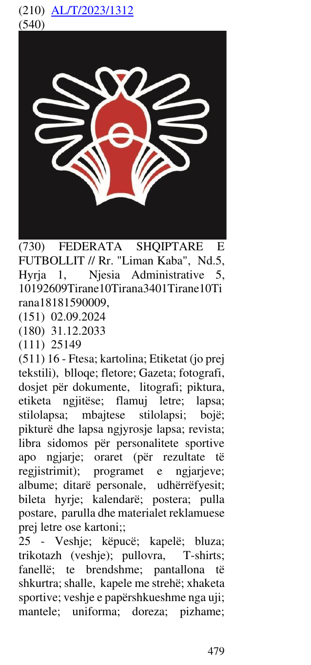 Zëri i markës AL/T/2023/1312 në buletin