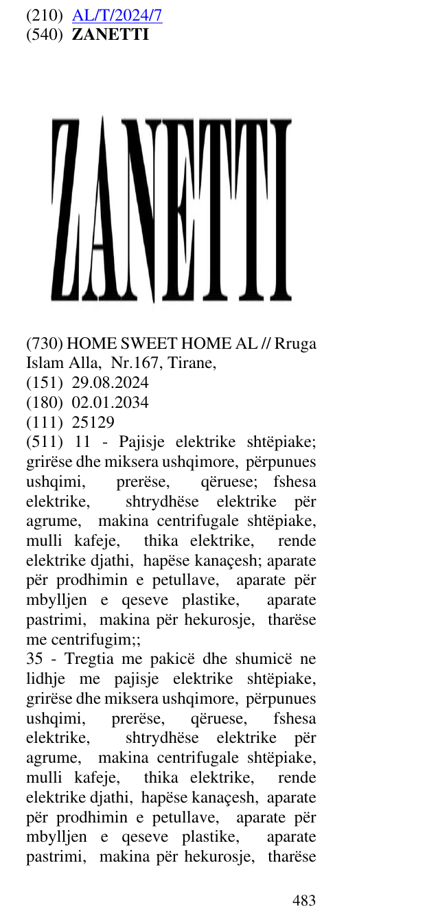 Zëri i markës ZANETTI në buletin