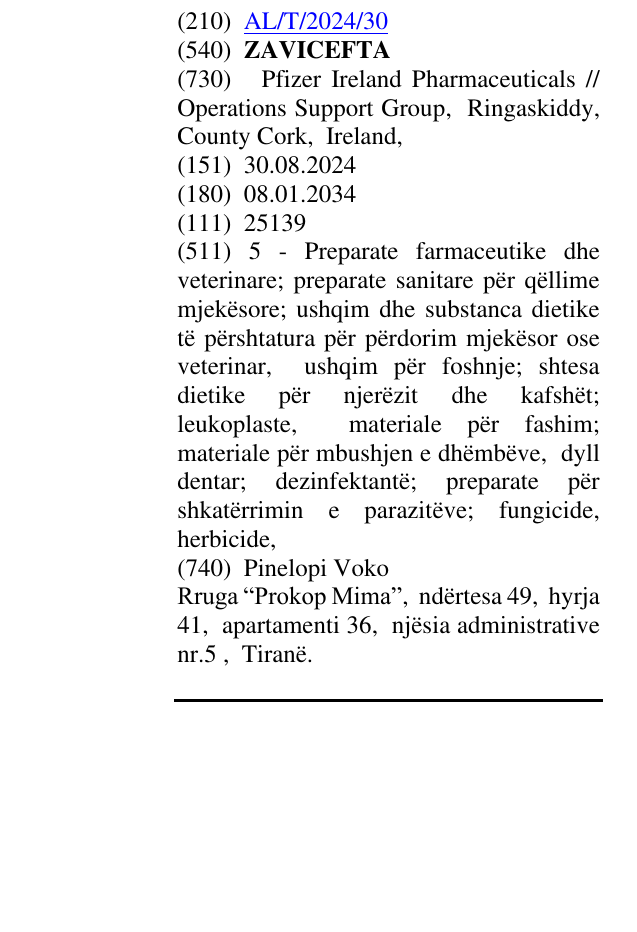 Zëri i markës ZAVICEFTA në buletin