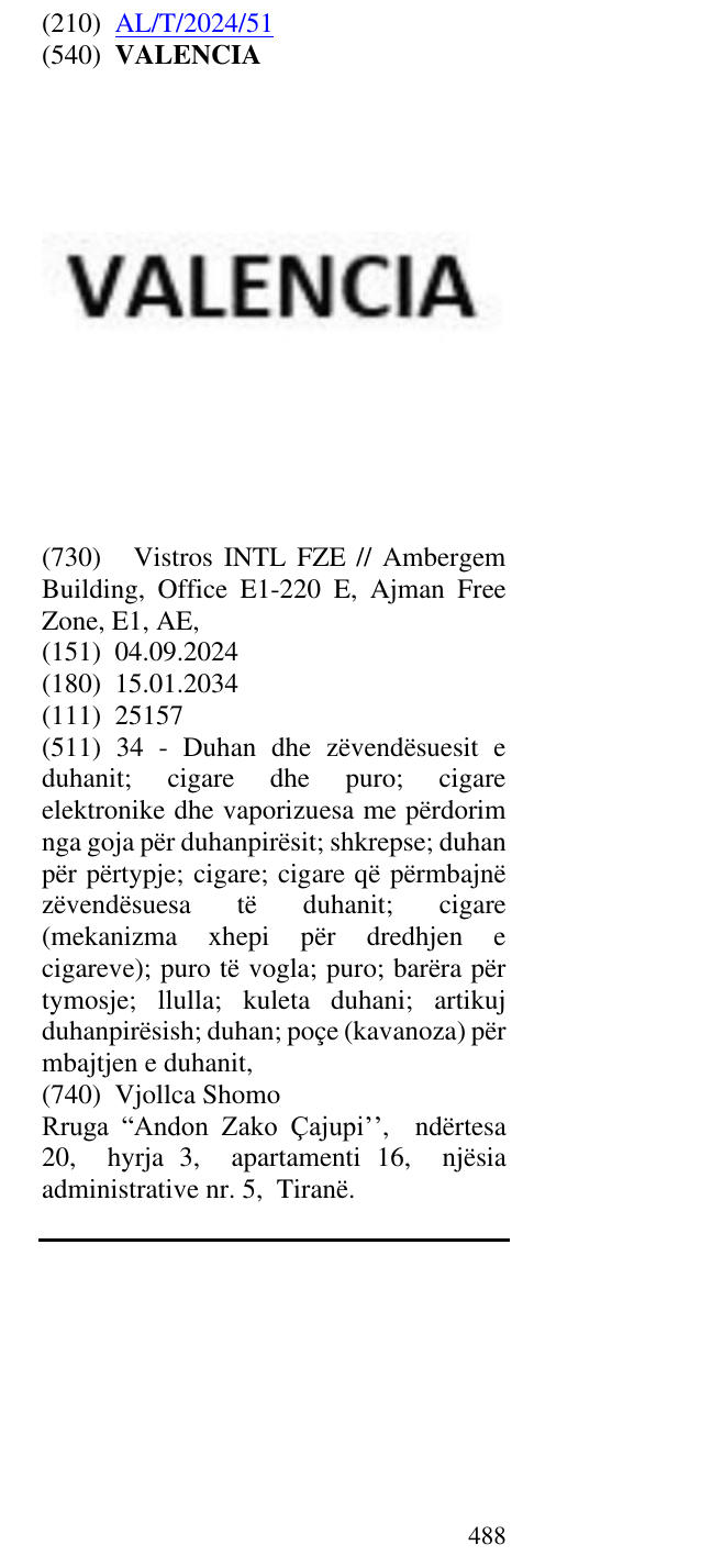 Zëri i markës VALENCIA në buletin