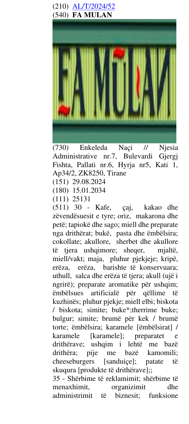 Zëri i markës FA MULAN në buletin