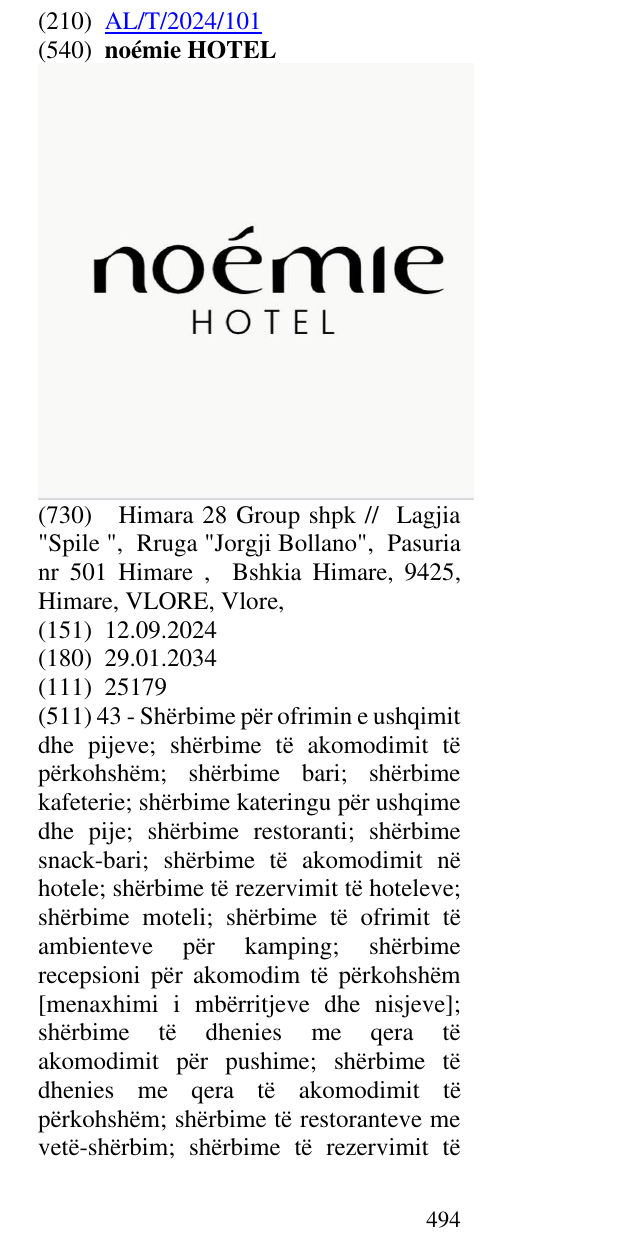 Zëri i markës noémie HOTEL në buletin