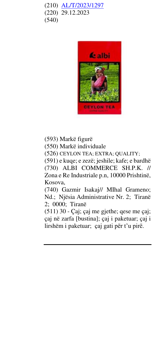 Zëri i markës CEYLON TEA; EXTRA; QUALITY; në buletin