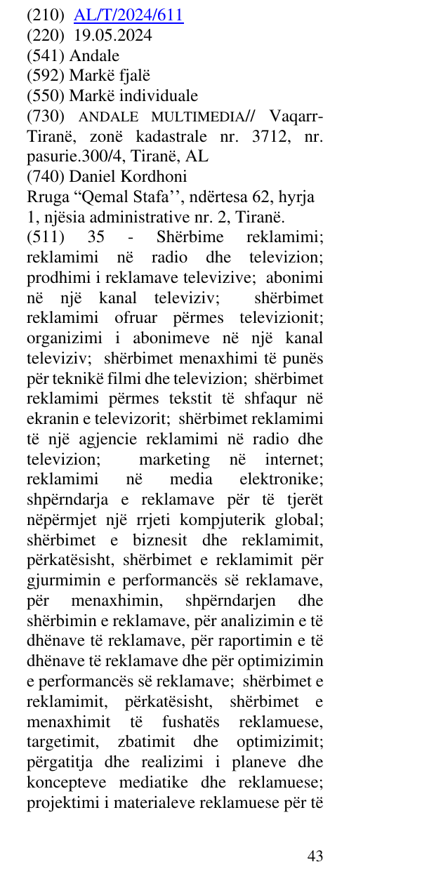 Zëri i markës Andale në buletin