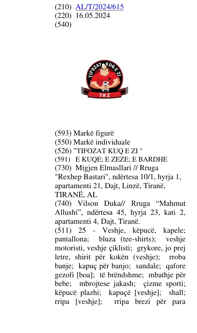 Zëri i markës "TIFOZAT KUQ E ZI " në buletin