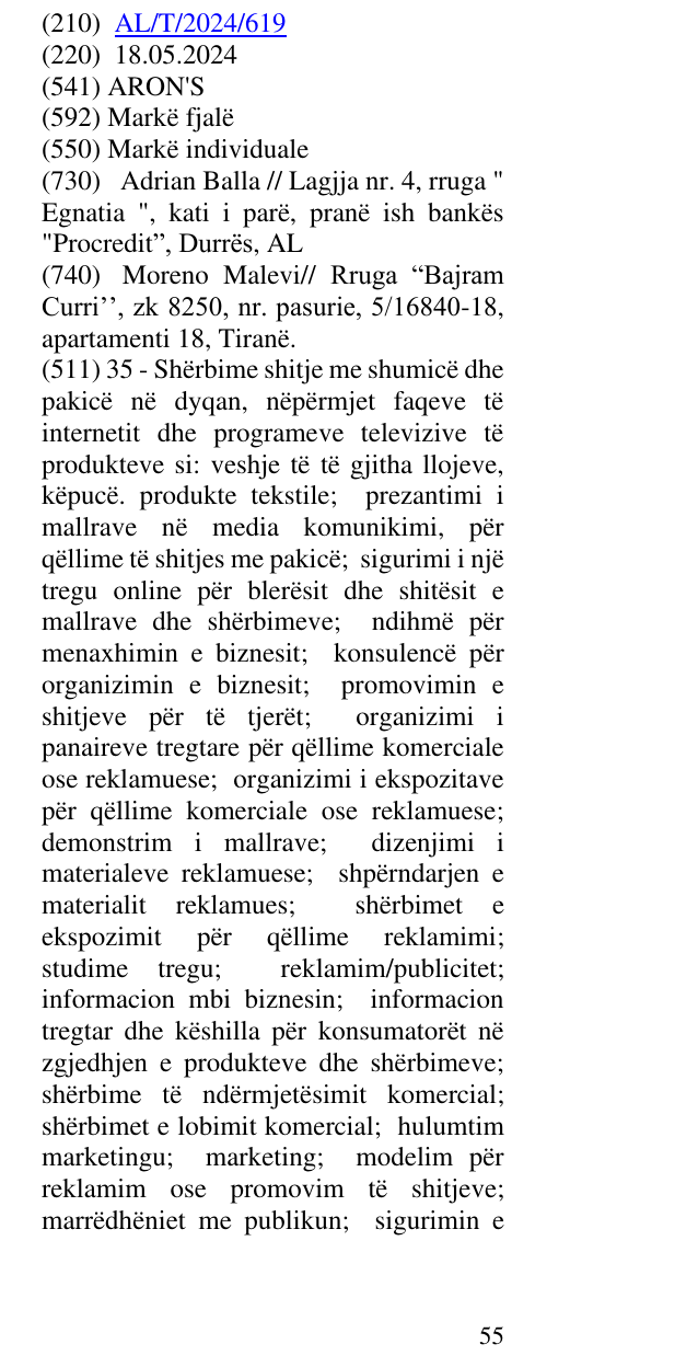 Zëri i markës ARON'S në buletin