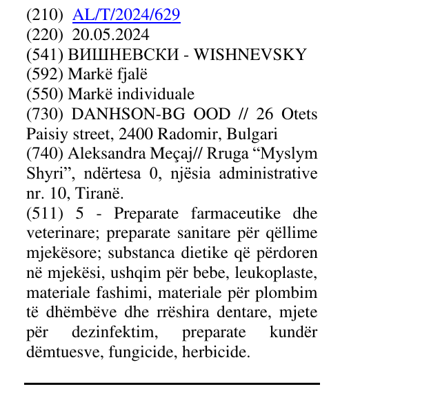 Zëri i markës ВИШНЕВСКИ - WISHNEVSKY në buletin