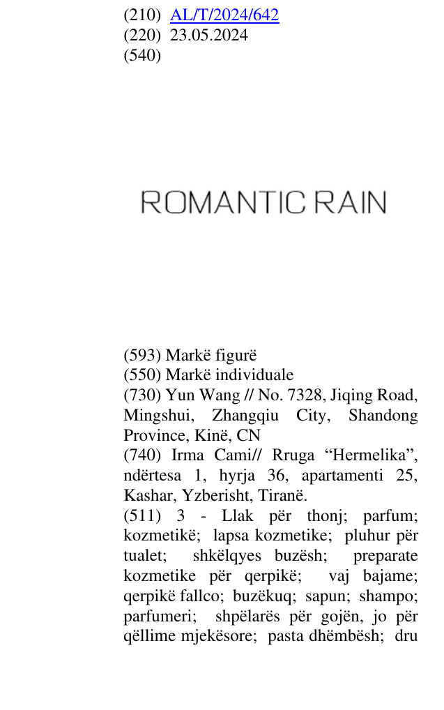 Zëri i markës ROMANTIC RAIN në buletin