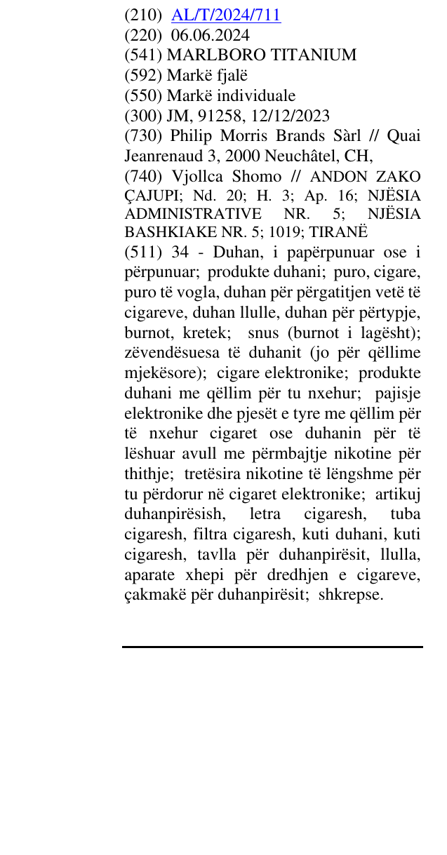 Zëri i markës MARLBORO TITANIUM në buletin